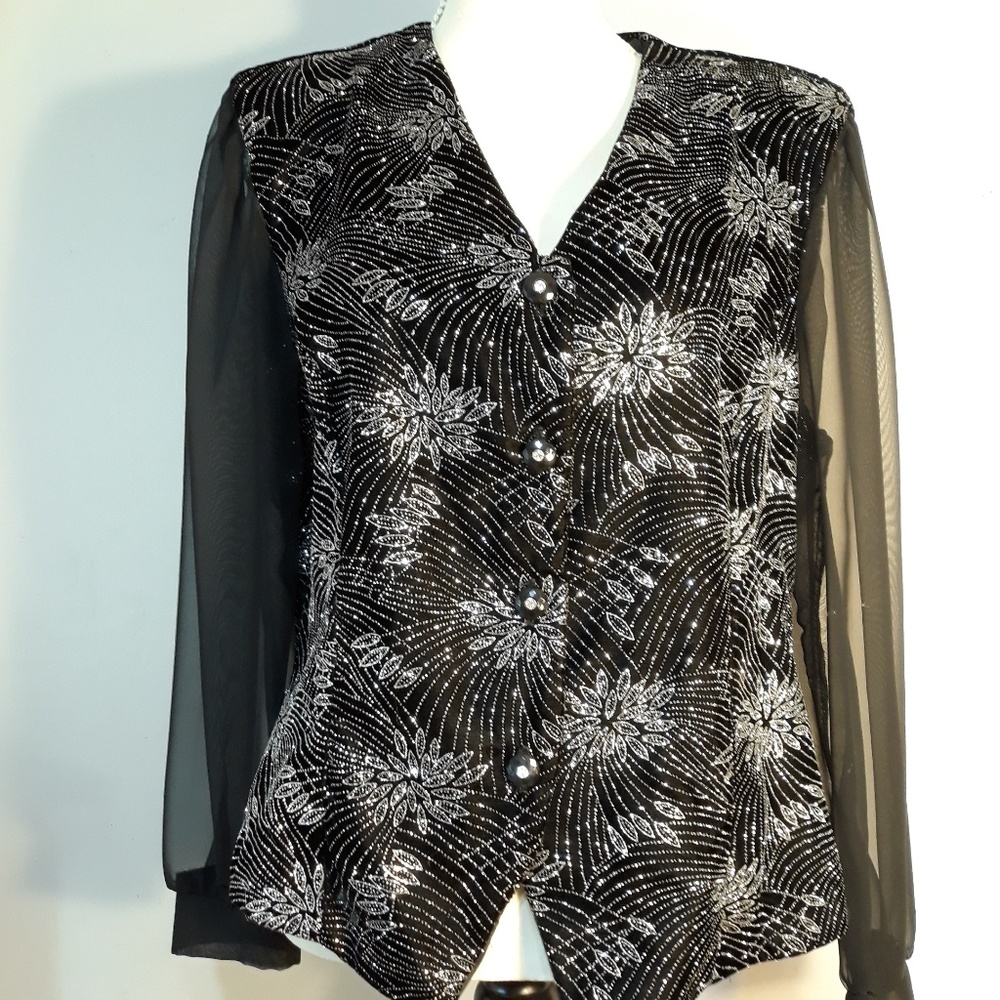 ANOTHER THYME BLK/SLVR TOP W/SHEER SLVS-SZ 18 NWT